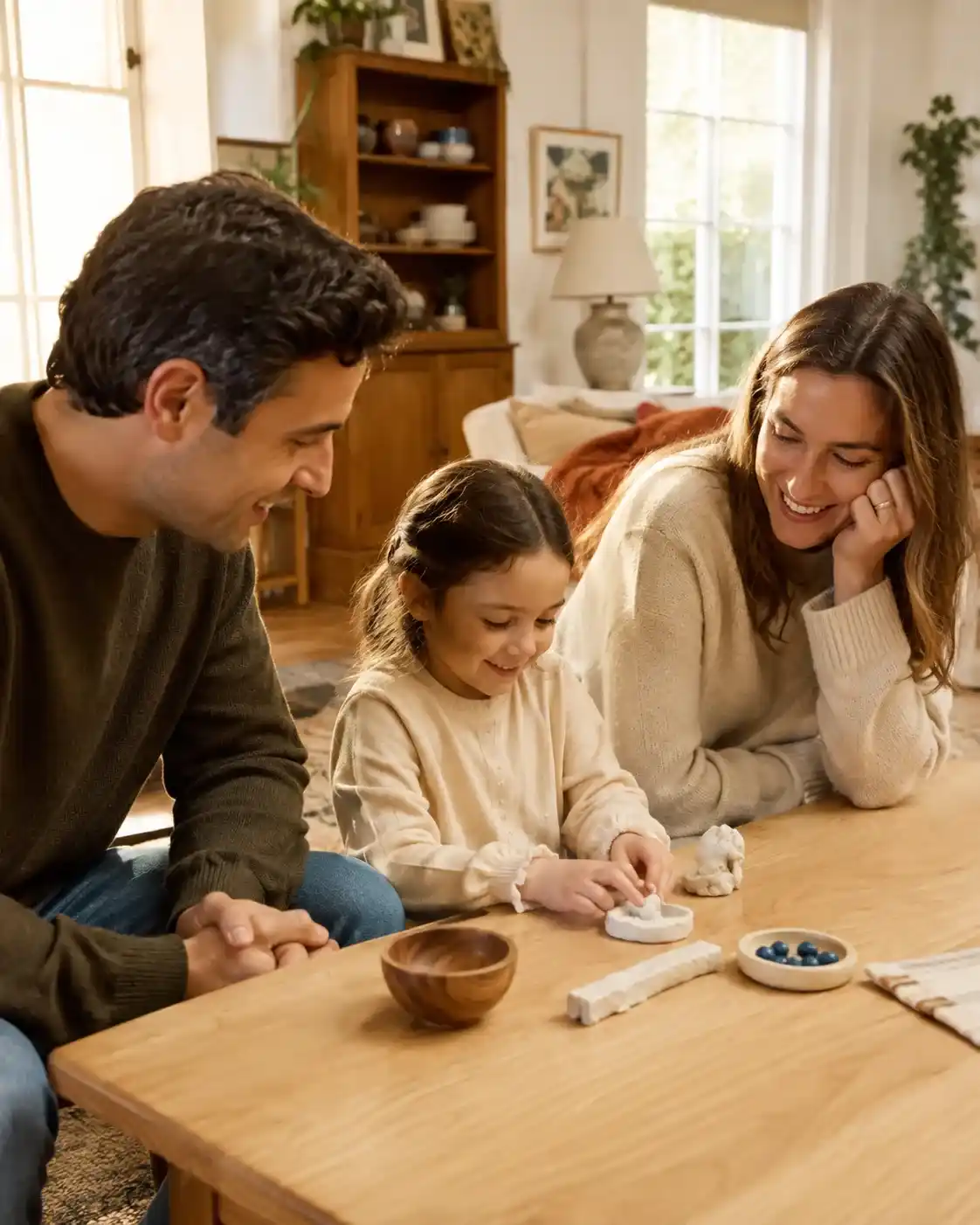 A family exploring simple sensory materials together in a warm home setting
