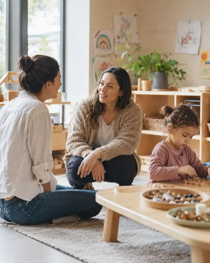 A parent and educator talking while a child explores an activity in a warm learning space