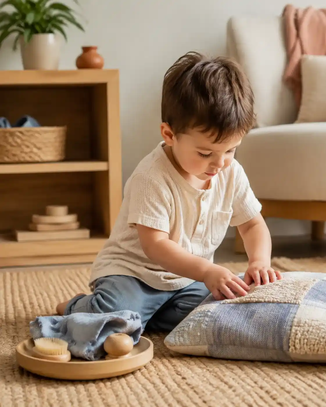 A young child exploring different textures during everyday sensory play