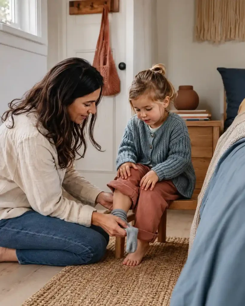 A parent gently helping a young child put on a sock during an everyday dressing routine