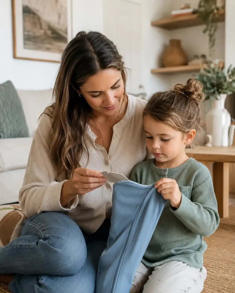 A mother and child completing a sensory product safety check together at home